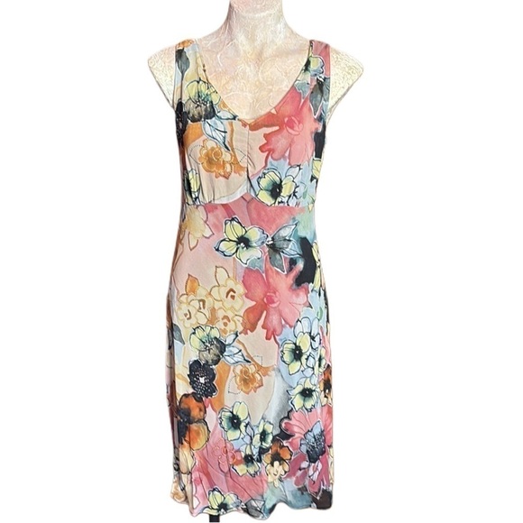 Chico's watercolor Silk Wearable Art Fit & Flare Silk Y2K Slip Midi Dress M/L - Picture 1 of 13